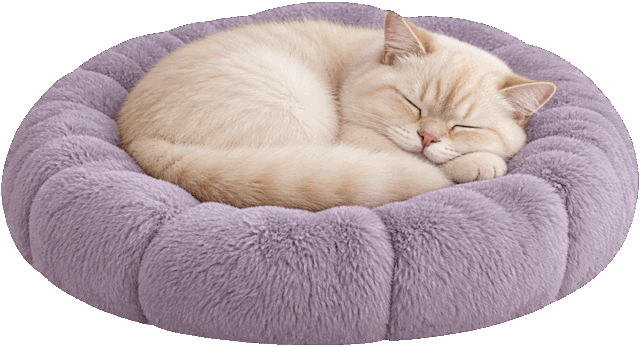 A cream cat fast asleep, curled up in a plush lavender bed