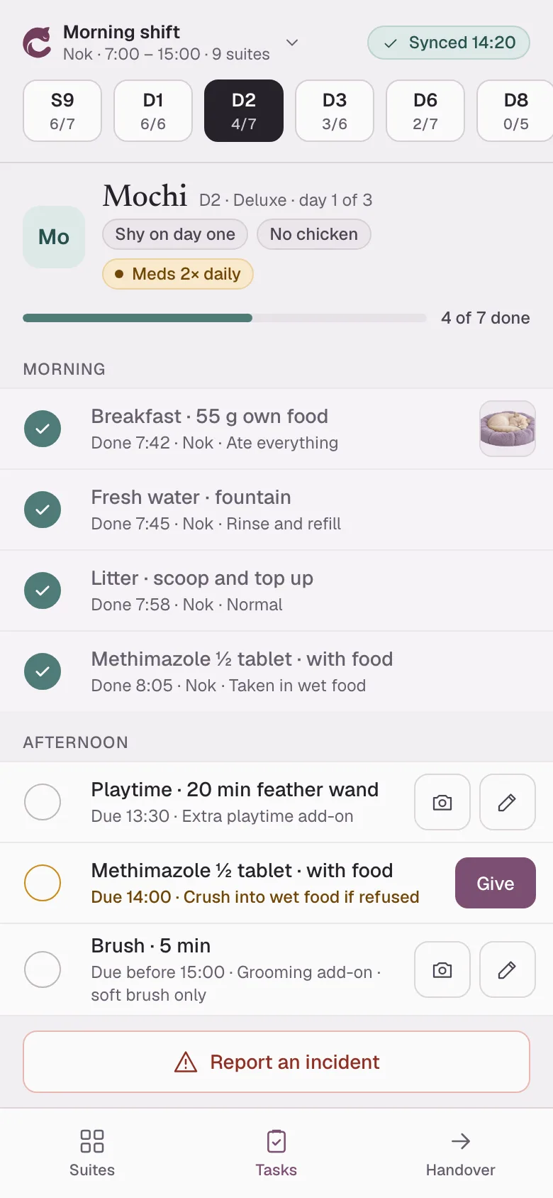 The Catnap care app on a phone: a suite's checklist with meals and medication to tick off.